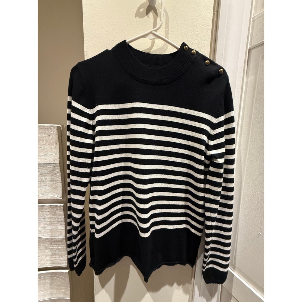 Cielo Womens Black White Striped Button Shoulder Mock Neck Knit Sweater XL
